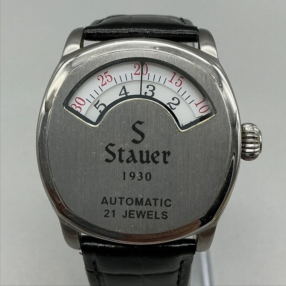 Stauer 1930 Dashtronic Mens Watch 36mm Silver Dial Leather Automatic 21 Jewels